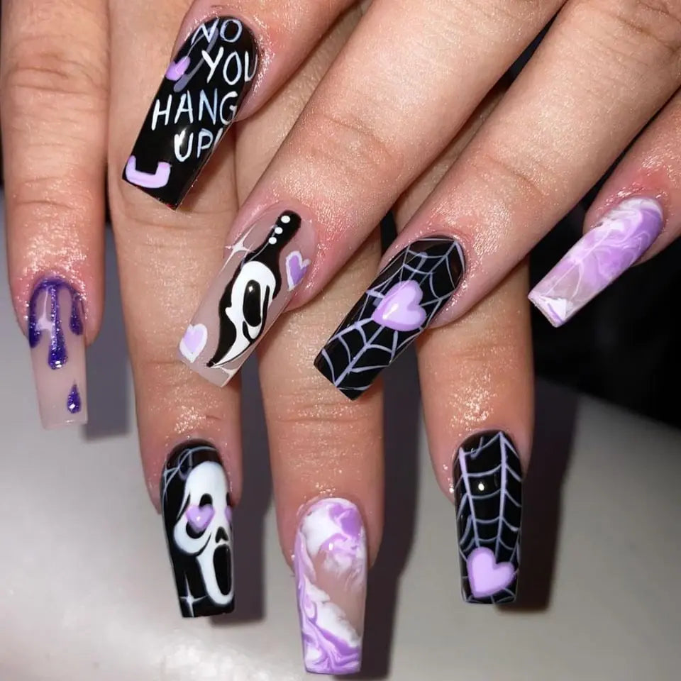 24pcs Glitter Pink Sequins Fake Nails 2025 Halloween Scary Skull Love Print False Nails Wearable European Ballet Press on Nails