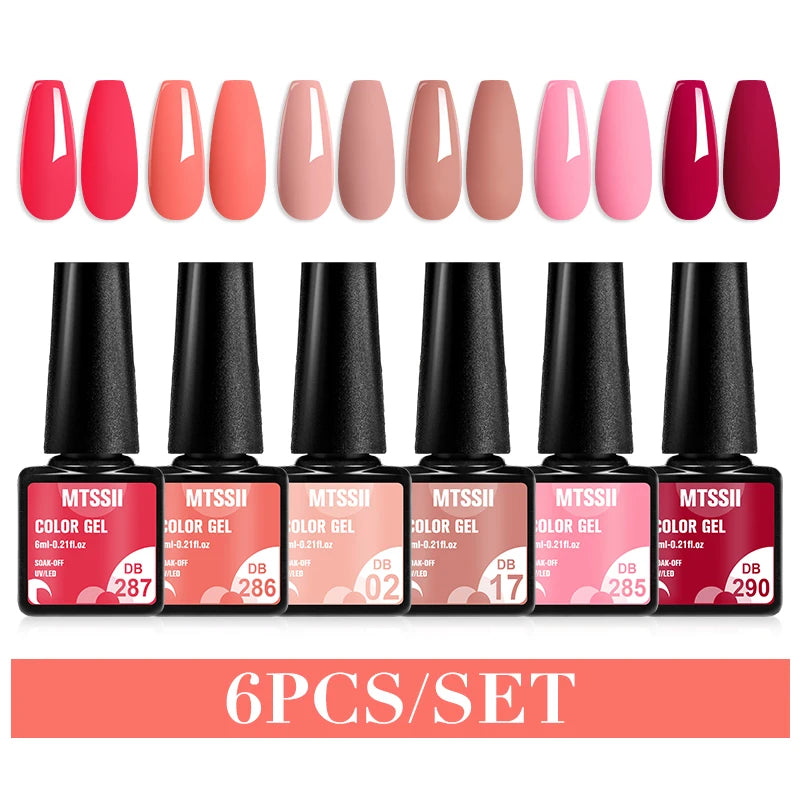Mtssii 6PCS/Set Sparkly Nude Pink Gel Nail Polish Glitter Semi Permanent Nail Art LED UV Soak Off Gel Varnish Nail Supplies