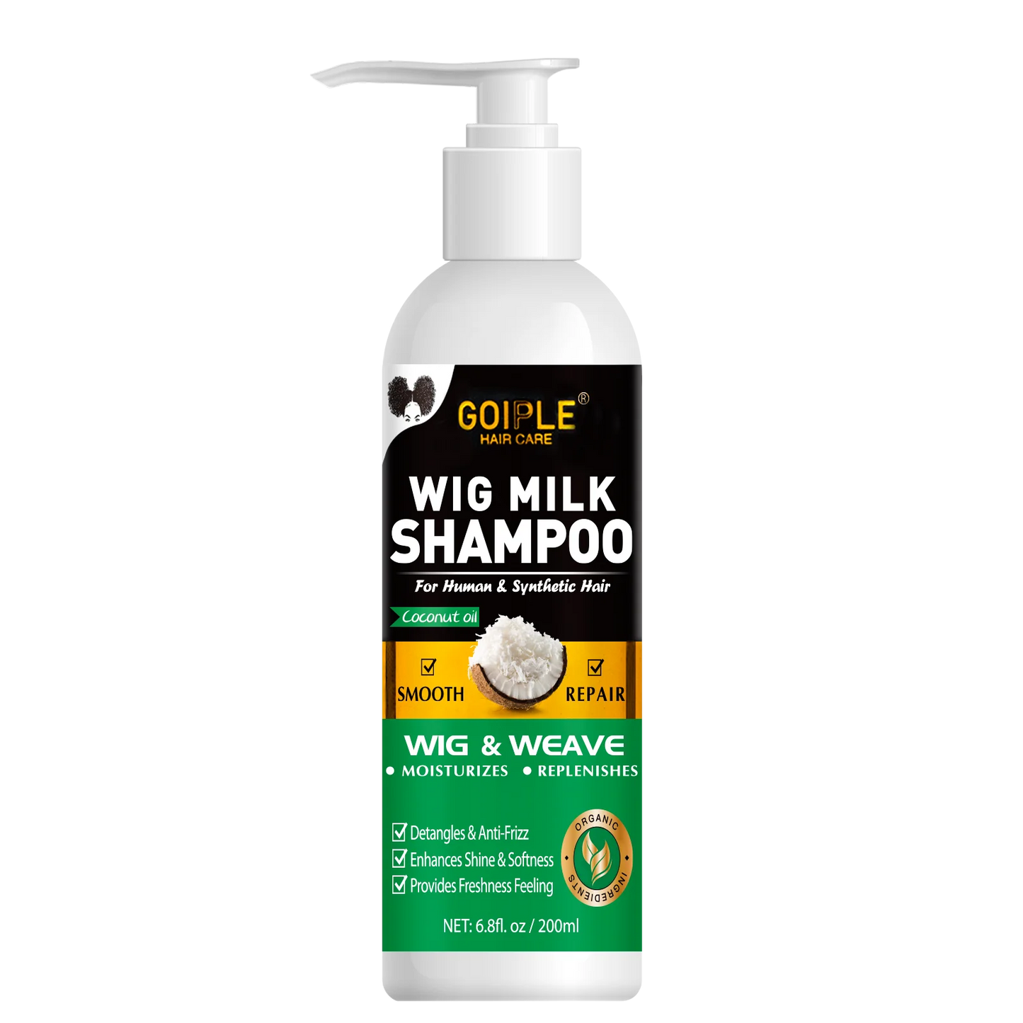 GOIPLE Natural Coconut Oil Wig Milk Shampoo Smooth Repair Moisturizes Frizzy Hair for Wigs Wave 2 in 1 Wig Wash Care Product