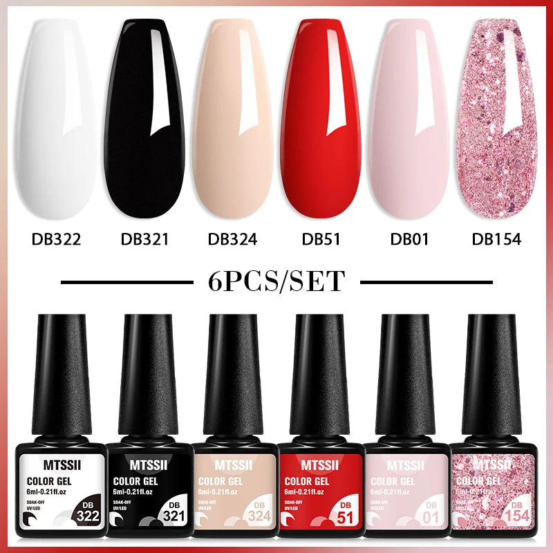 Mtssii 6PCS/Set Sparkly Nude Pink Gel Nail Polish Glitter Semi Permanent Nail Art LED UV Soak Off Gel Varnish Nail Supplies