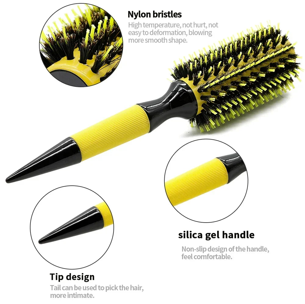 Professional Round Wooden Hair Brush 6 Sizes Boar Bristle Mix Nylon Salon Women Hair Styling Tools Yellow Brazil Hair Curlerl