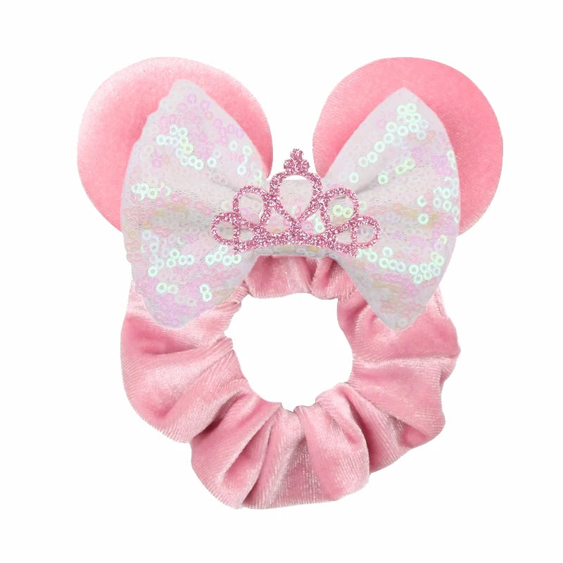 Disney Mouse Ears Velvet Scrunchies Hairband Women Elastic Ponytail Holder Girls Sequin Bow 2023 Kids Party DIY Hair Accessories