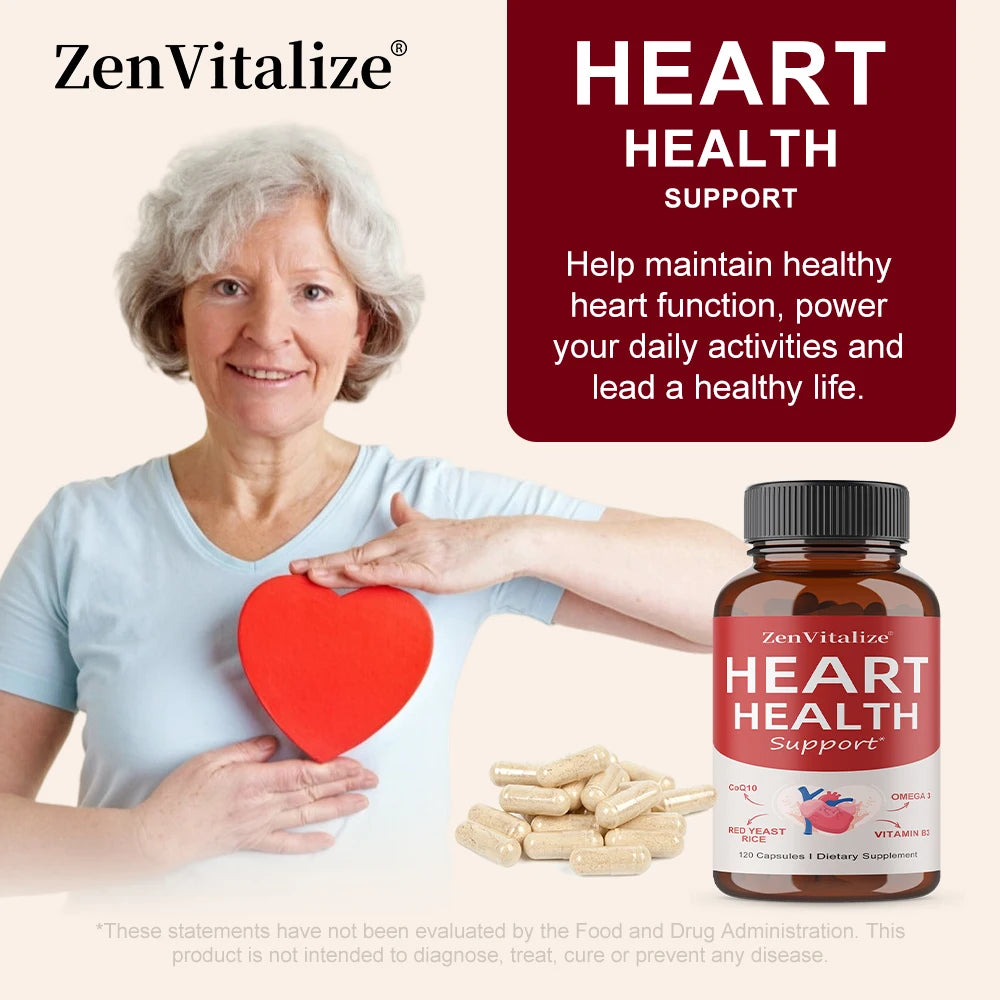 Heart Health Support Supplement - CoQ10, Omega 3, Red Yeast Rice, Vitamin B3, Promotes Healthy Cholesterol Levels - Non-GMO