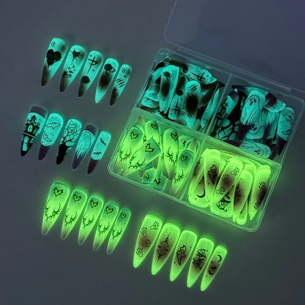 96Pcs Luminous Halloween Press On Nails Stiletto Ghost Skull Spider False Nail Acrylic Nail Art Cosplay Costume Party Night Club