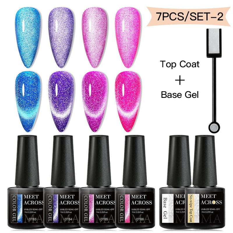 MEET ACROSS 7Pcs/Set Cat Magic Magnetic Gel Nail Polish Sparking Semi-Transparent Sea Blue Effect Soak Off UV Gel Varnish Kit