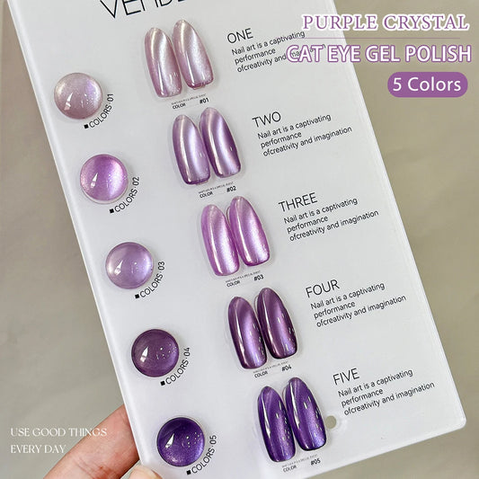 Vendeeni 5 Colors Purple Crystal Cat Eye Gel Nail Polish Set Magnetic UV Soak Off Gel Varnish Lavender Cat Eye Gel With Display