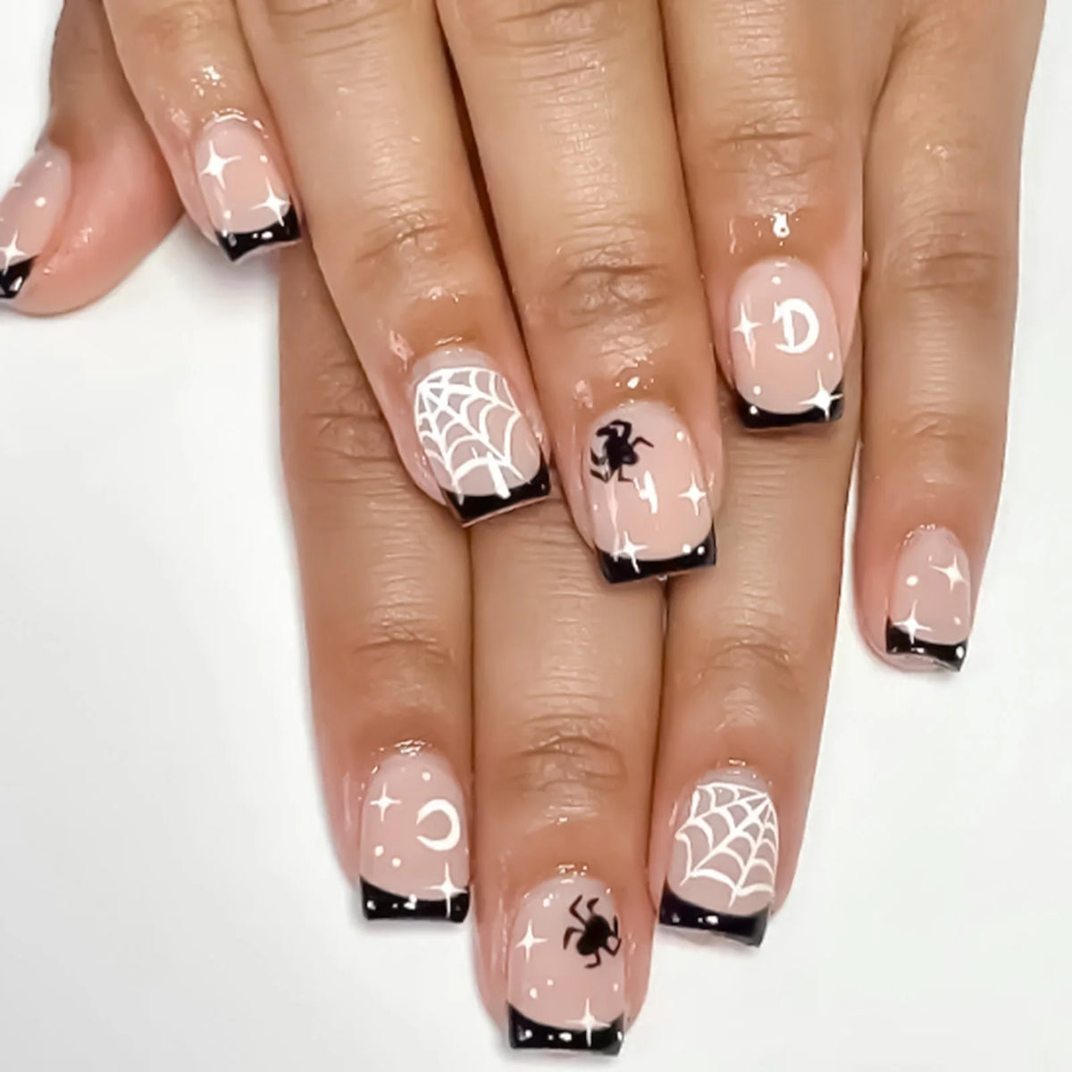 24pcs Halloween Cute Cartoon French Fake Nails Nude Pink Square Press On Nails With Pumpkin Ghost Designs Professional Nail Art