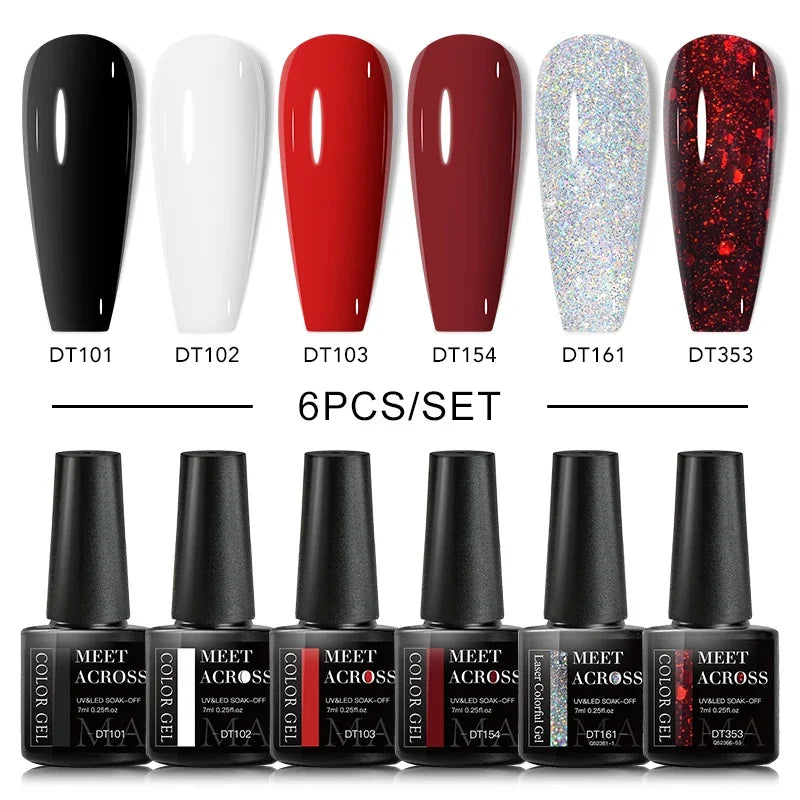 MEET ACROSS 6Pcs Gel Nail Polish Set Pink Red Green Macaron Color Manicure Kit For Nails UV Gel Nail Art Varnish Nail Supplies
