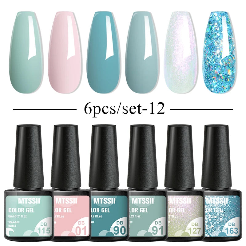 Mtssii 6PCS/Set Sparkly Nude Pink Gel Nail Polish Glitter Semi Permanent Nail Art LED UV Soak Off Gel Varnish Nail Supplies