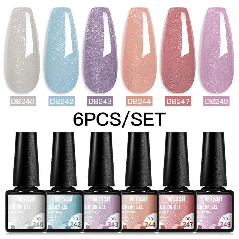 Mtssii 6PCS/Set Sparkly Nude Pink Gel Nail Polish Glitter Semi Permanent Nail Art LED UV Soak Off Gel Varnish Nail Supplies