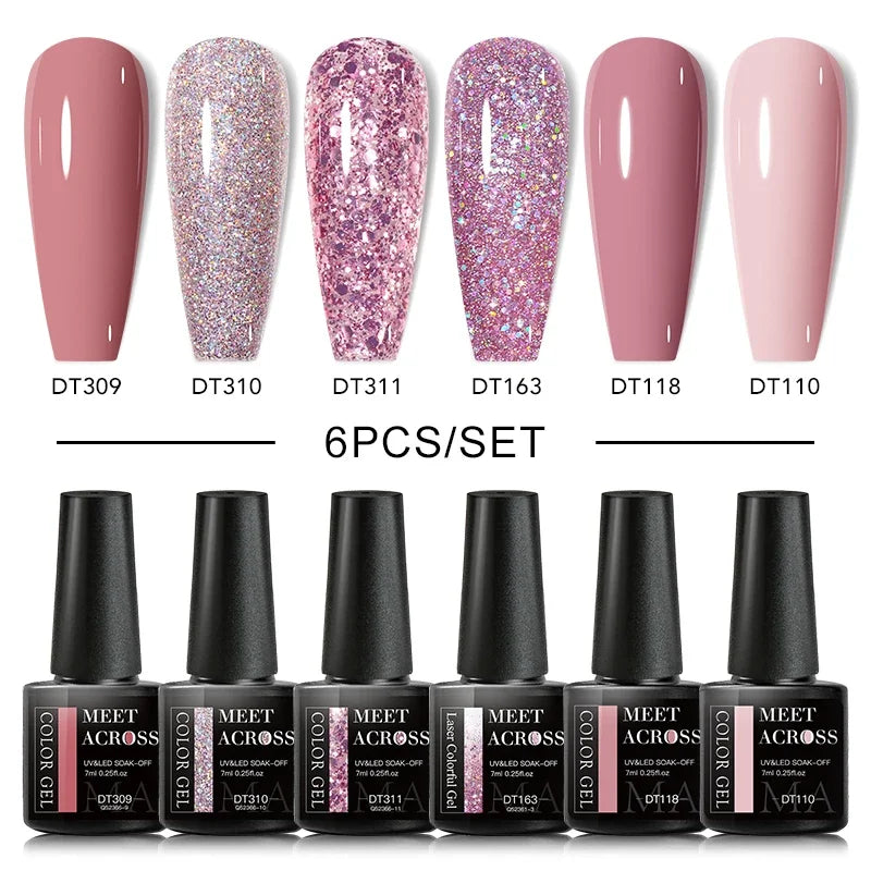 MEET ACROSS 6Pcs Gel Nail Polish Set Pink Red Green Macaron Color Manicure Kit For Nails UV Gel Nail Art Varnish Nail Supplies