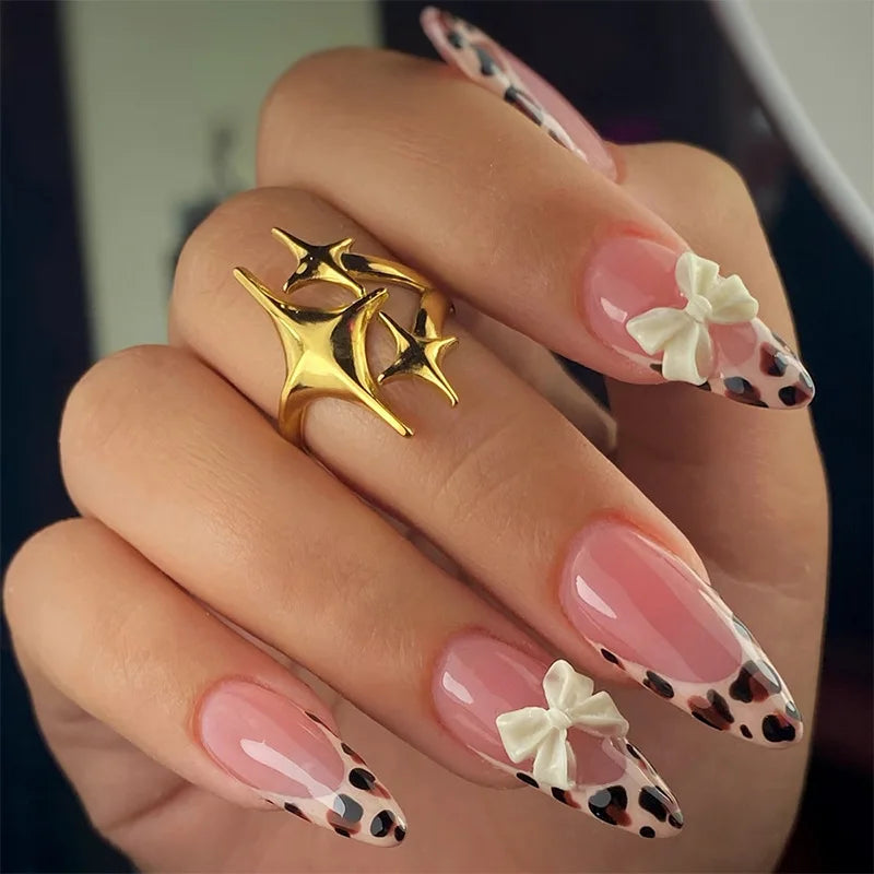 24Pcs Pink French Style Fake Nails 3D Bowknot Designs Short Square Press on Nails Sweet Korean Fashion False Nail for Women Girl