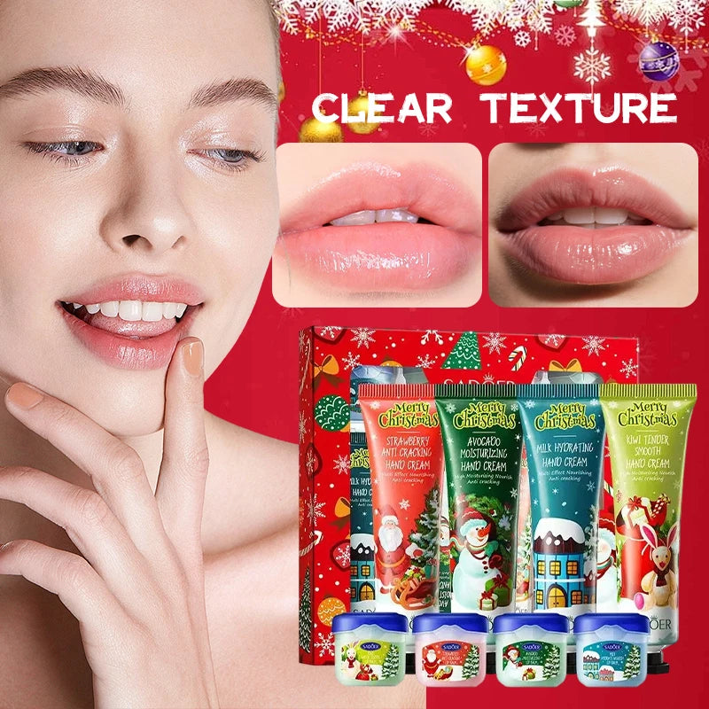 Christmas Hand Cream and Lip Balm Set, 4 hand creams and 4 lip balms, nourishing lip mask, moisturizing formula, gentle care