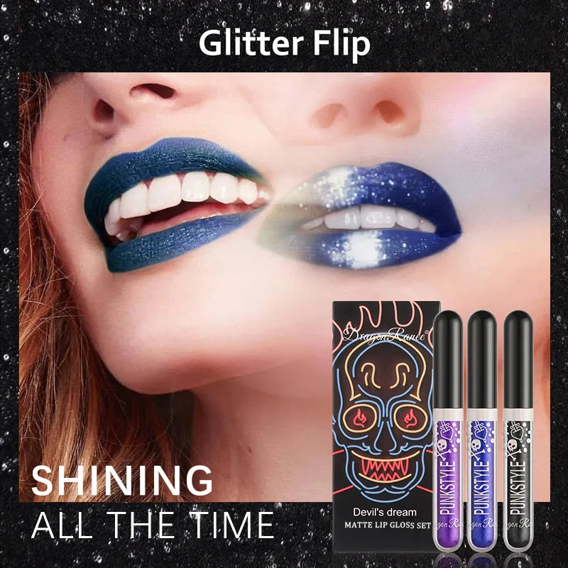 3pcs Glitter Lipstick Set Waterproof Blue Purple Black Lip Gloss Shiny Lip Tint Halloween Lip Makeup Lasting Lipgloss Cosmetics