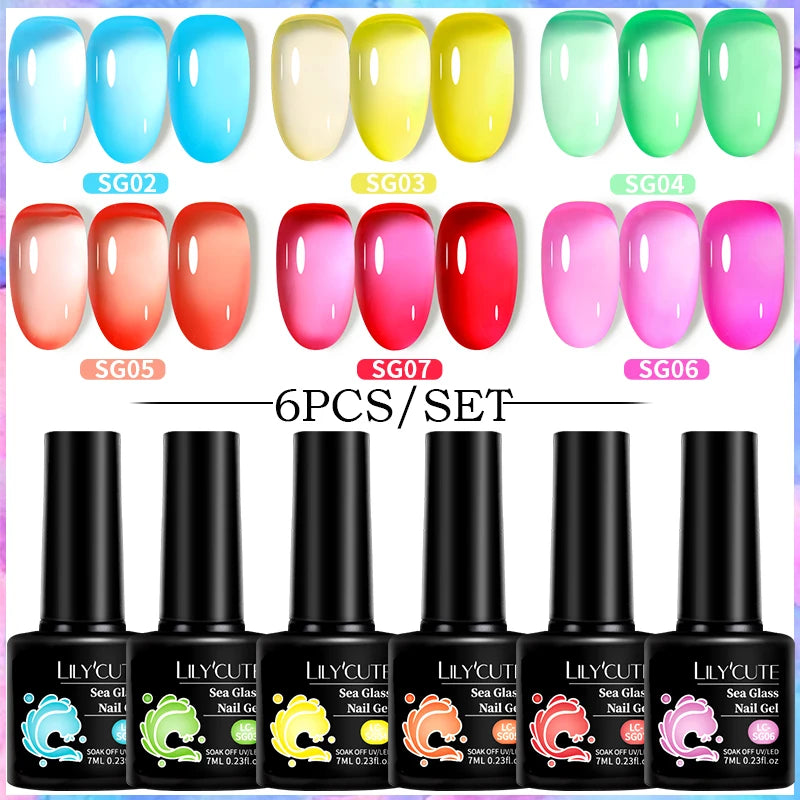 LILYCUE 6Pcs/Set Red Nude Glitter Gel Nail Polish Gorgeous Full Coverage Soak Off UV Gel Nail Art Base Top Coat Gel Polish Kits
