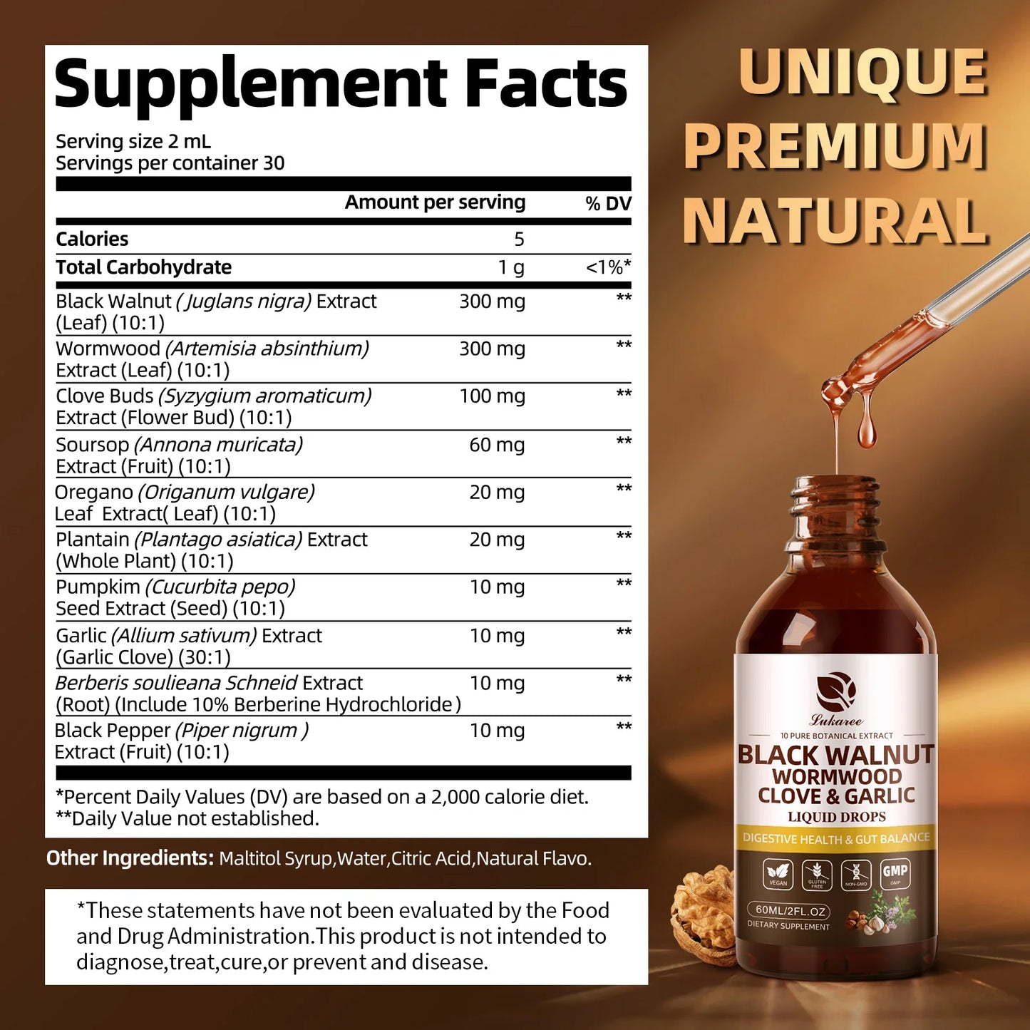 Lukaree 60ML Black Walnut  Drop with Wormwood Clove & Garlic Support Digestion and Immune Health, Detoxify the Body Antioxidant