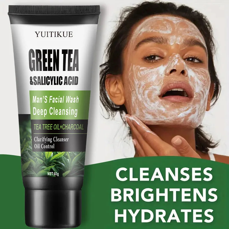 Men's Facial Wash 60g - Green Tea & Salicylic Acid, Deep Cleansing & Oil Control, with Tea Tree Oil & Charcoal, for Oily Skin