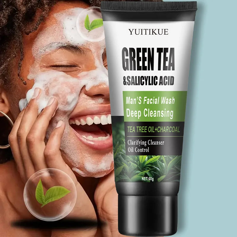 Men's Facial Wash 60g - Green Tea & Salicylic Acid, Deep Cleansing & Oil Control, with Tea Tree Oil & Charcoal, for Oily Skin