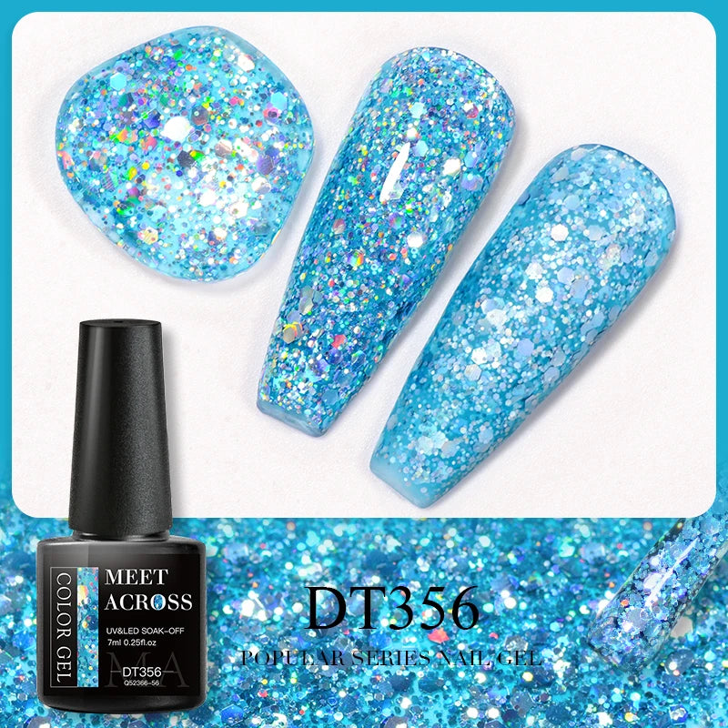 MEET ACROSS 7ml 140 Colors Glitter Gel Nail Polish Fluorescent Laser Semi Permanent Soak Off Nail Art UV Gel Varnish Manicure