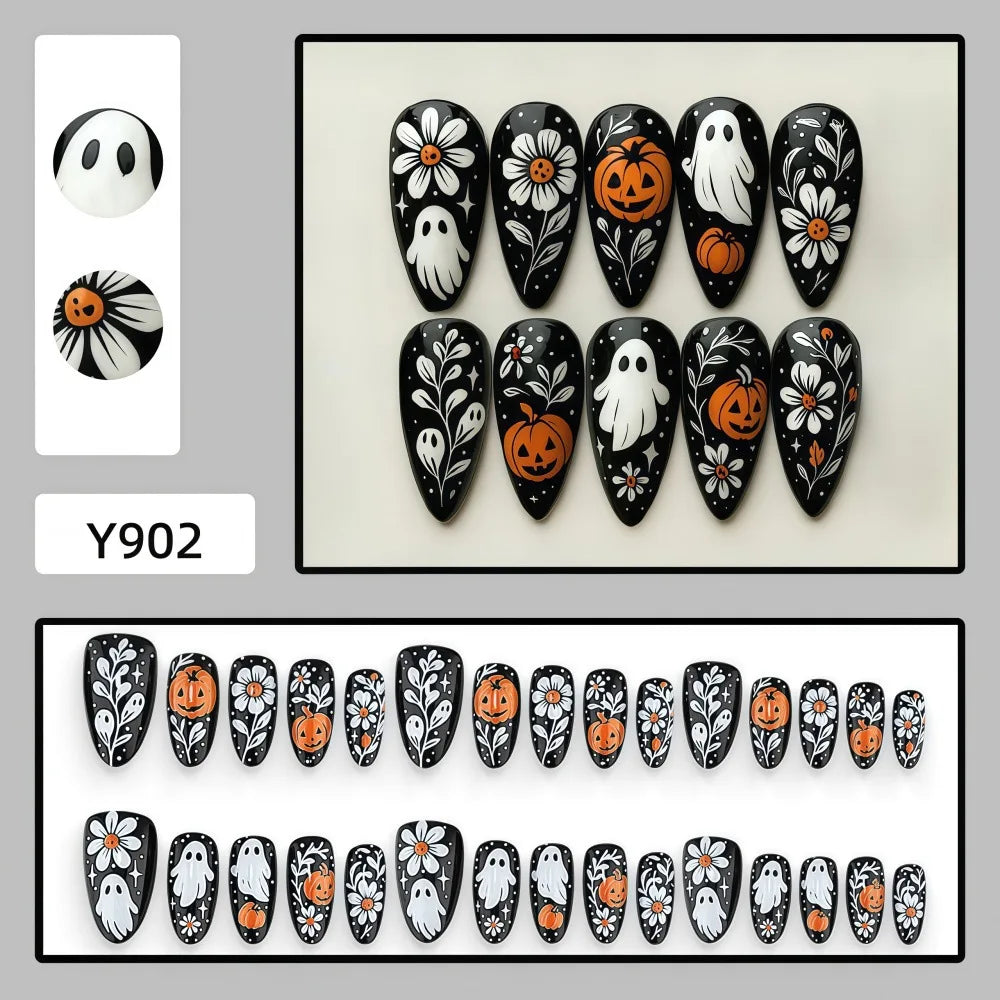 24pcs Halloween Press on Nails Sweet & Cool Jack-o'-Lantern Fake Nail Short Almond Cute & Cuddly Ghost False Nail for Women&Girl