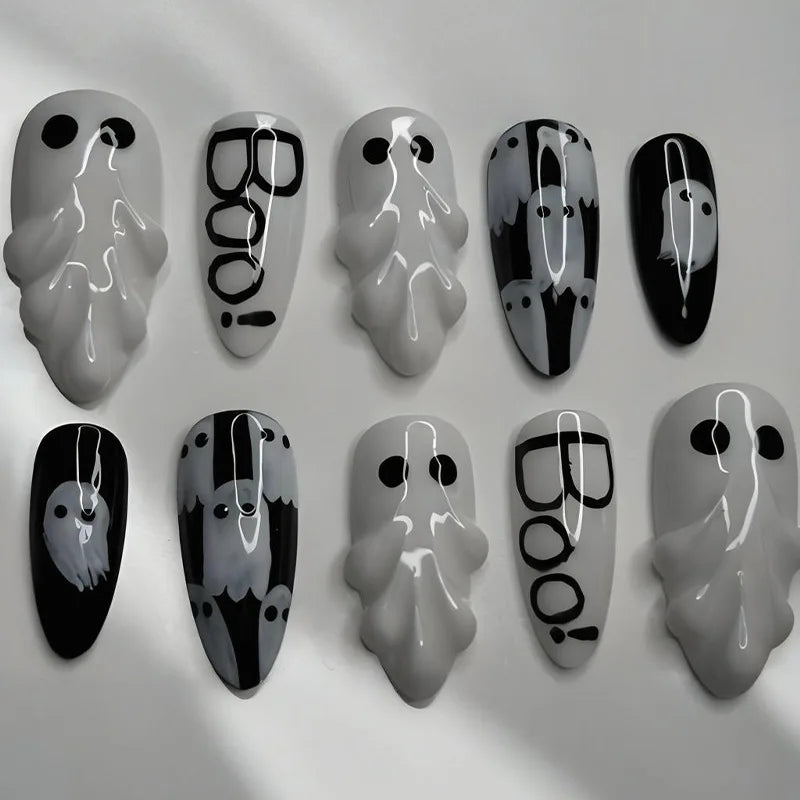 24pcs Sliver Spider Design Fake Nail Halloween Gothic Punk False Nail Tips Wearable European Heavy Metal Almond Press on Nails
