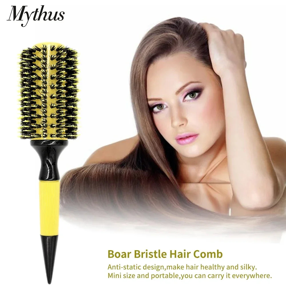 Professional Round Wooden Hair Brush 6 Sizes Boar Bristle Mix Nylon Salon Women Hair Styling Tools Yellow Brazil Hair Curlerl