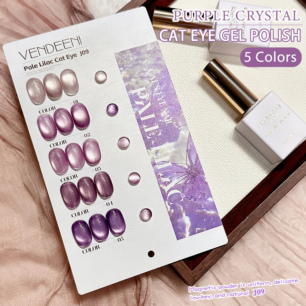 Vendeeni 5 Colors Purple Crystal Cat Eye Gel Nail Polish Set Magnetic UV Soak Off Gel Varnish Lavender Cat Eye Gel With Display