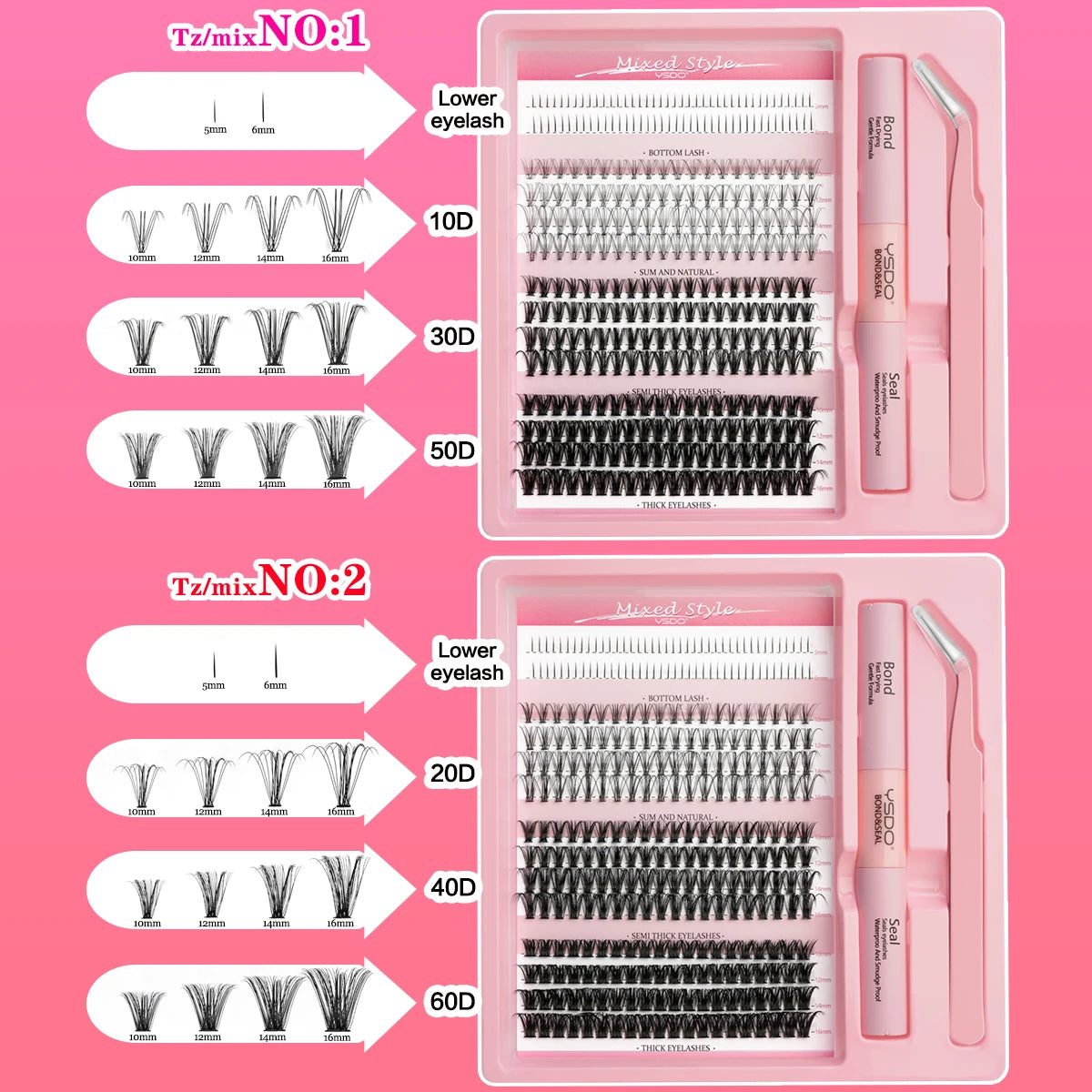 Lash Clusters Set DIY Lashes Extension Kit Individual Eyelash Kit 5-16mm Lash Clusters with Bond and Seal and Lash Applicator
