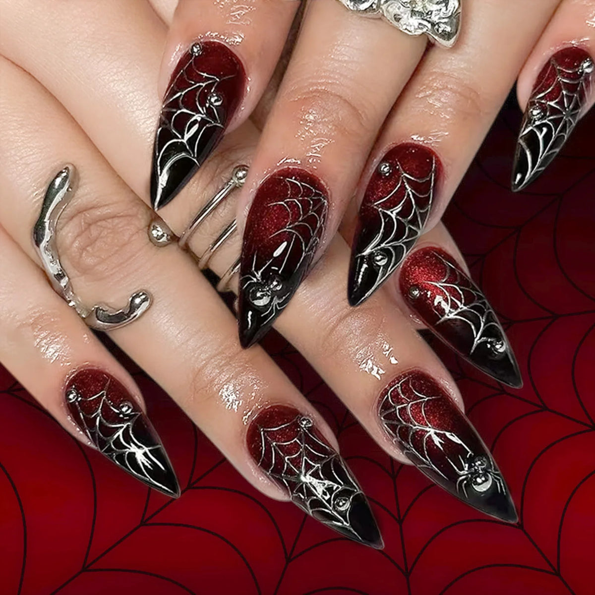 24pcs Glitter Pink Sequins Fake Nails 2025 Halloween Scary Skull Love Print False Nails Wearable European Ballet Press on Nails