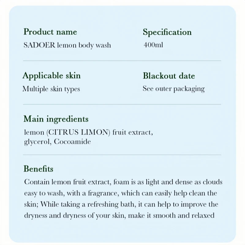 400ml Lemon Shower Gel, Hypoallergenic and Alcohol-Free, Moisturizing and Nourishing for Skin Care, Refreshing and Oil-Controlling, Suitable for All Year Round, Easily Controls Oil through Rubbing and Cleans Dirt, with a Long