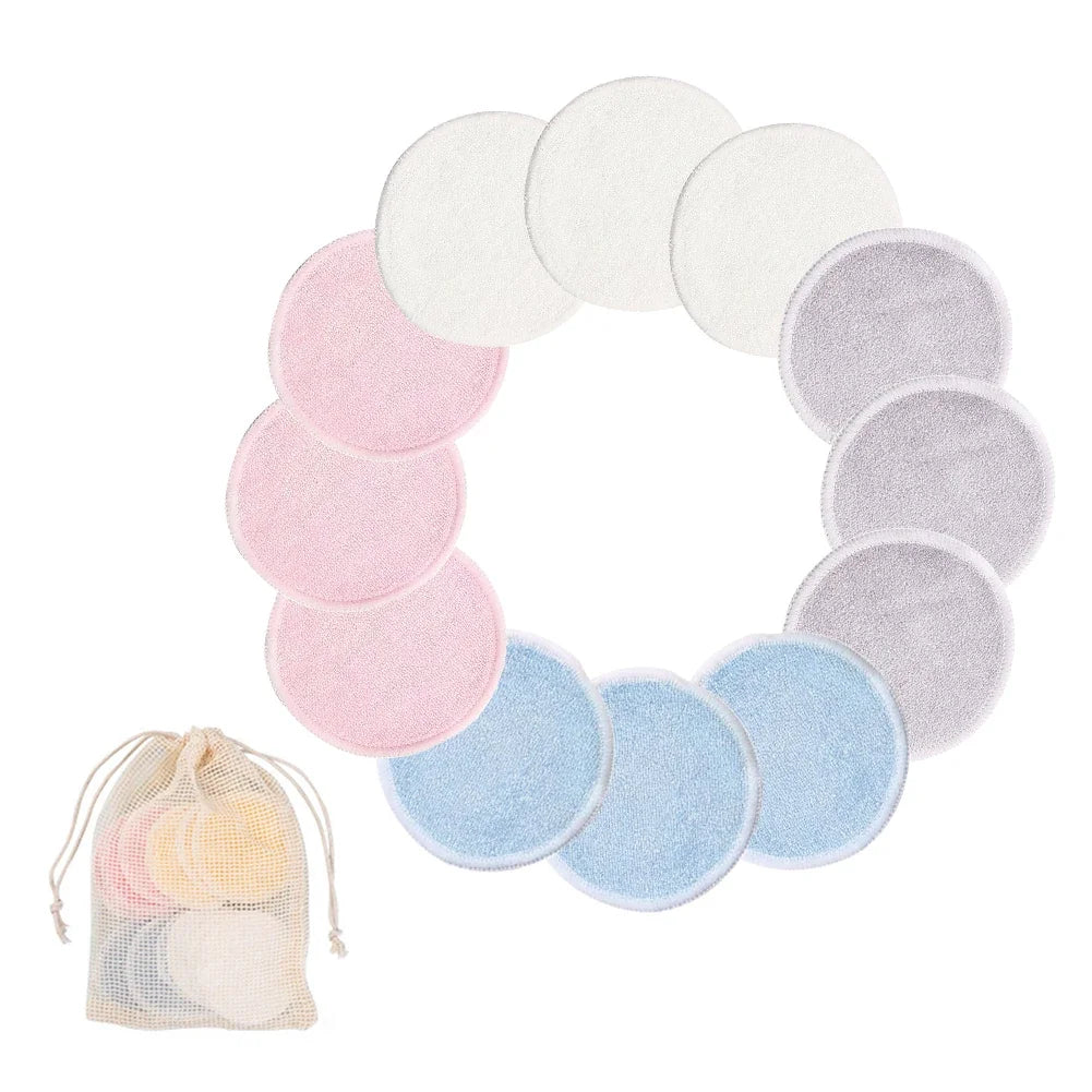 Reusable Bamboo Fiber Makeup Remover Pads 12pcs/Pack Washable Rounds Cleansing Facial Cotton Make Up Removal Pads Tool
