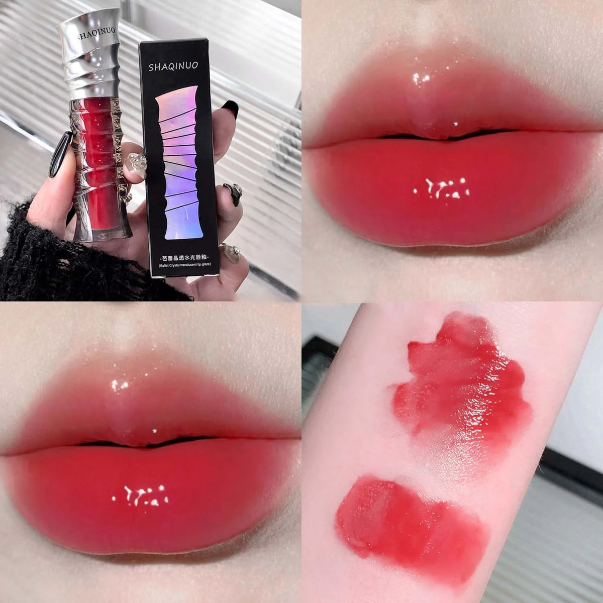 Crystal Punk Red-Brown Glossy Lip Stain Mirror Lip Glaze Sheer Nude Glitter Lip Tint Watery Shine Plumping Makeup Cosmetics