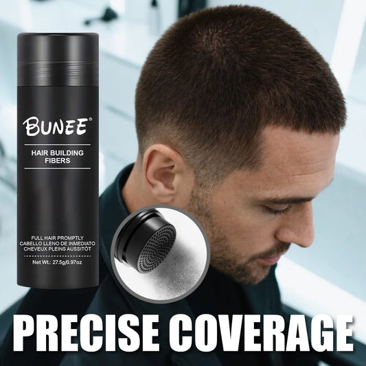 Bunee Hair Fiber Powder 27.5g. Natural & fine, instantly adheres to fill hairlines & partings. Visually boosts volume. For all.