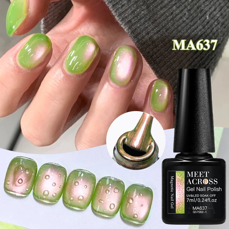MEET ACROSS Guava & Grape Color Cat Magnetic Gel Green Glass Bead Cat Eye Gel Soak Off UV Gel Nail Art Varnish Salon Home DIY