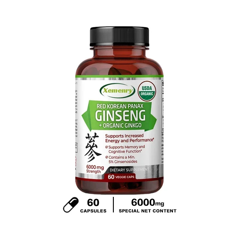 Korean Red Panax Ginseng + Ginkgo Biloba Capsules Increases Energy, Mood, Stamina & Performance, Supports Mental Health