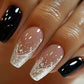24Pcs Short Square Coffin False Nails Square Fake Nails with Glue French Glitter Wearable Acrylic Nails Set Press on Nail Tips