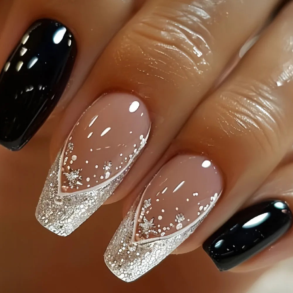 24Pcs Short Square Coffin False Nails Square Fake Nails with Glue French Glitter Wearable Acrylic Nails Set Press on Nail Tips