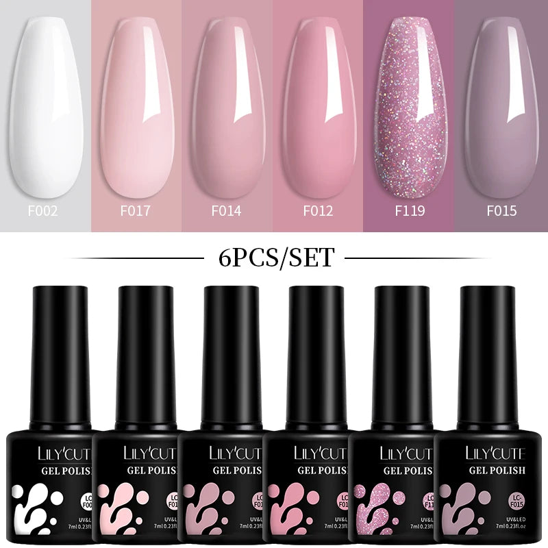 LILYCUE 6Pcs/Set Red Nude Glitter Gel Nail Polish Gorgeous Full Coverage Soak Off UV Gel Nail Art Base Top Coat Gel Polish Kits