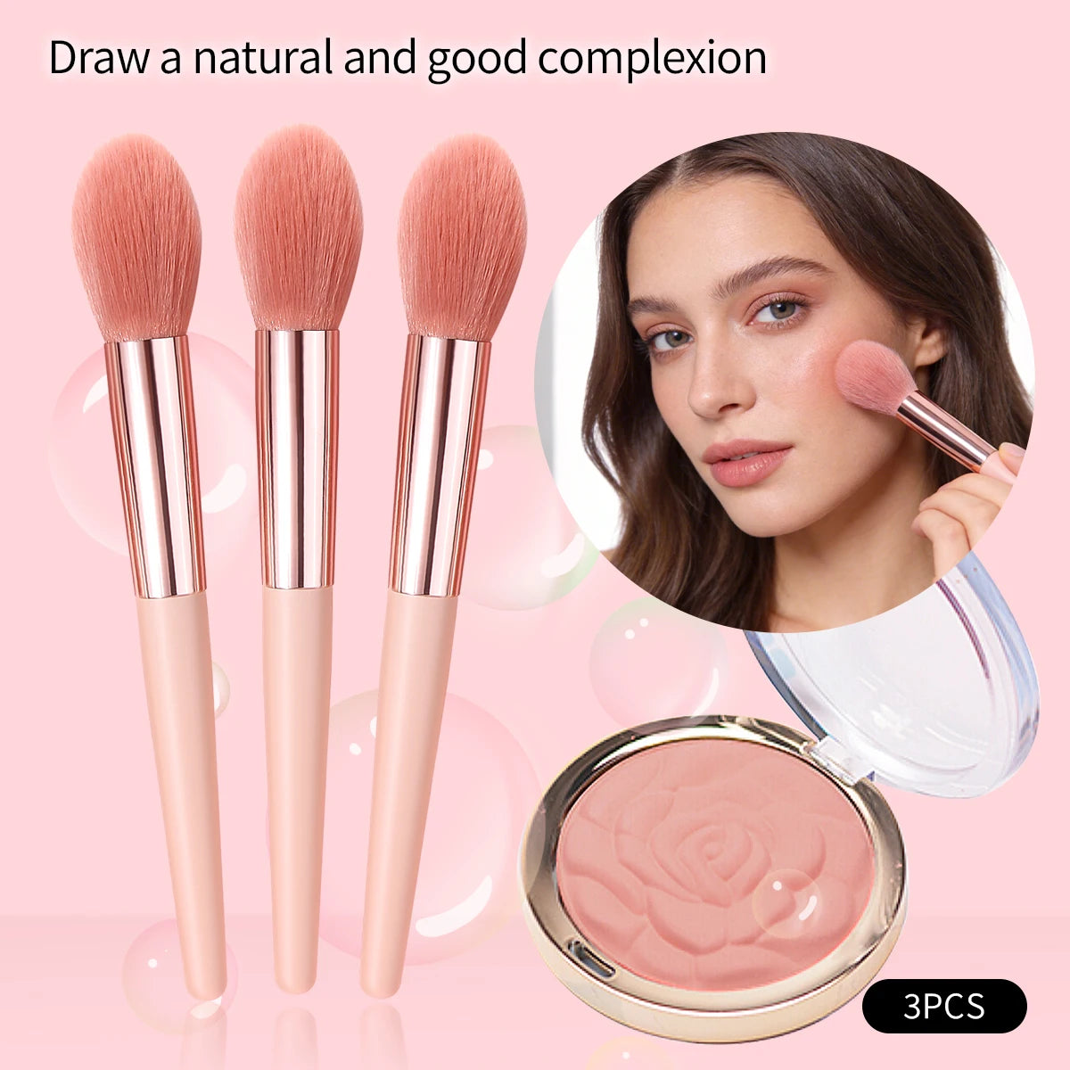 3 pieces of soft fiber makeup brushes: blush brush, powder brush, contour brush and contouring brush, all for makeup application