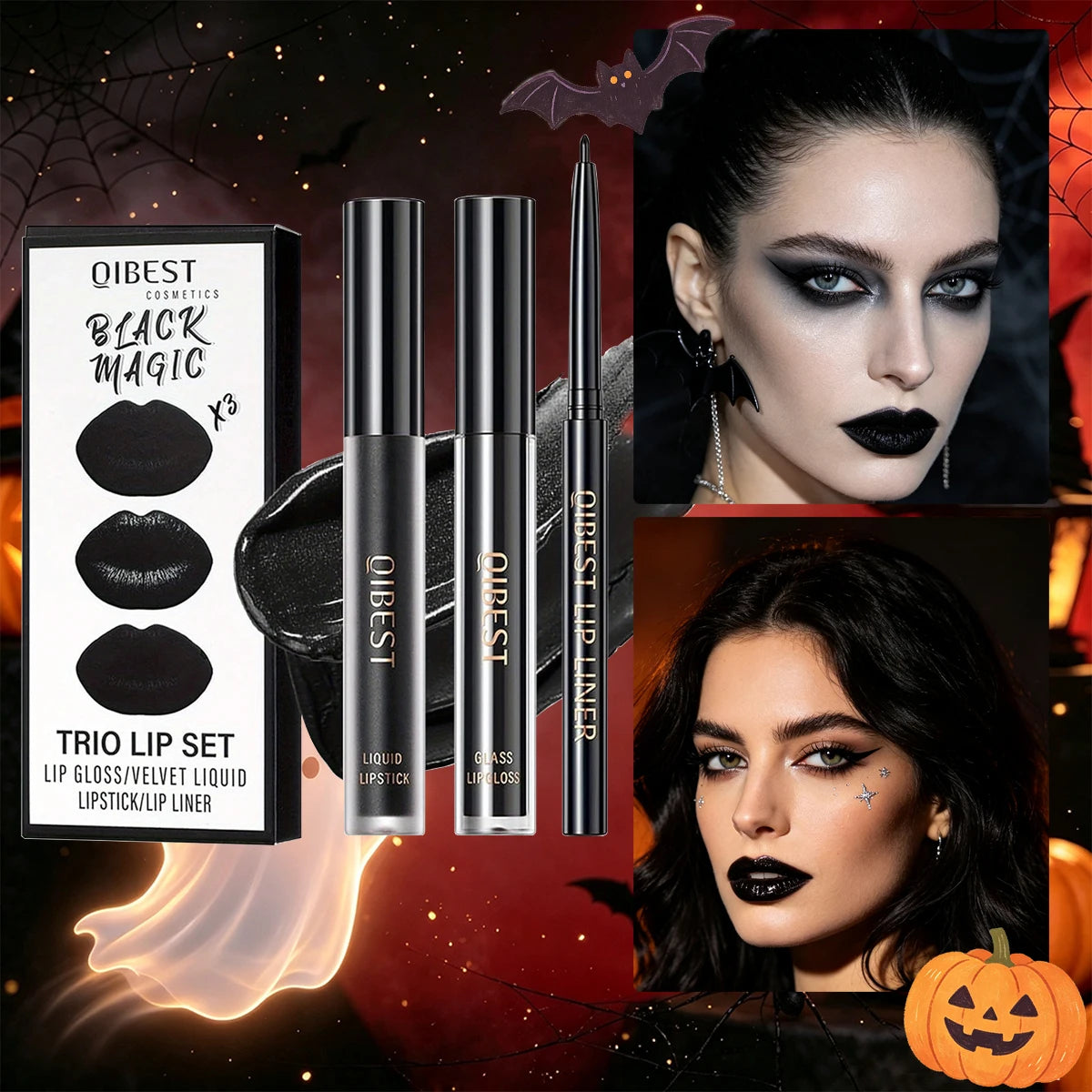 Halloween matte lip gloss, long-lasting and waterproof, highly pigmented and easy to apply, gothic style