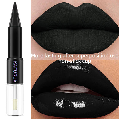 Black Matte 2 In 1  Double Head Lipstick Lip Coat Set Waterproof Coat 24HR Korean Makeup Gifts High Pigment Lip Tint Plumper