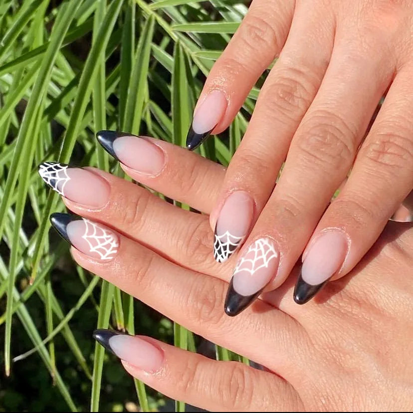 24pcs Halloween Blood French Fake Nail Tips Sweet Cool Bat Skeleton Pattern Round Almond Press on Nails Spider Web False Nail