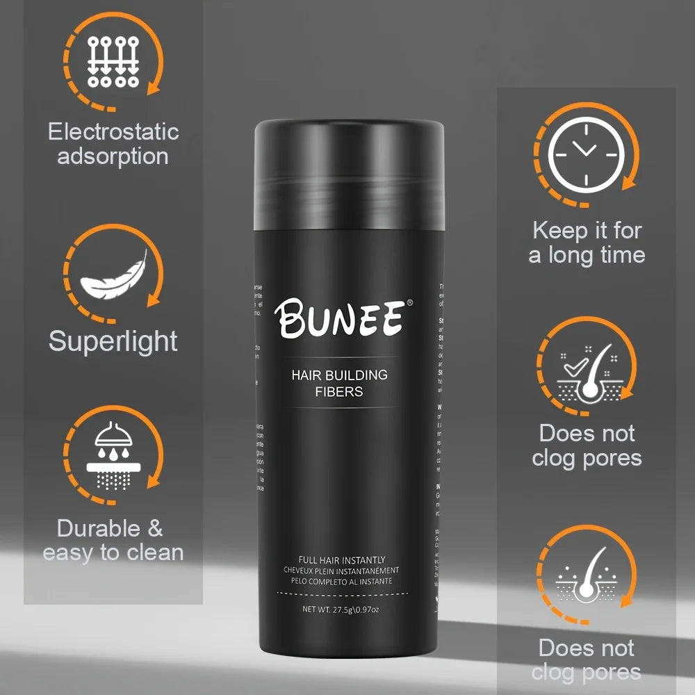 Bunee Hair Fiber Powder 27.5g. Natural & fine, instantly adheres to fill hairlines & partings. Visually boosts volume. For all.