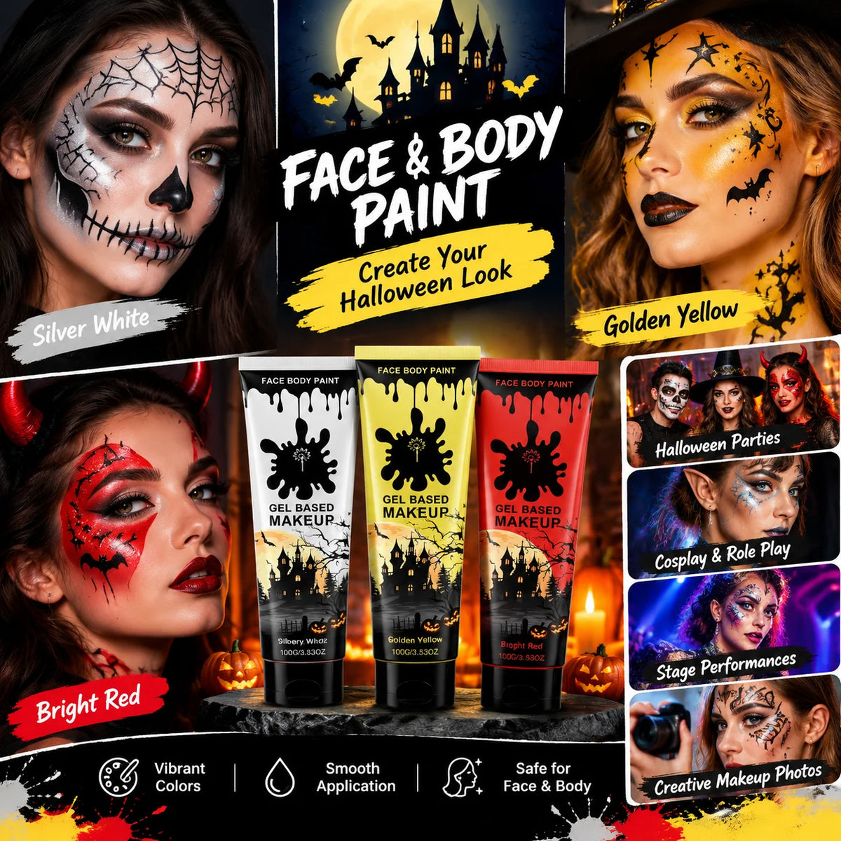 Halloween Body Paint Metallic Glitter Face Makeup Pearl Gold Red 3 Colors Costume Party Long Lasting Easy Remove Skin Safe 100g