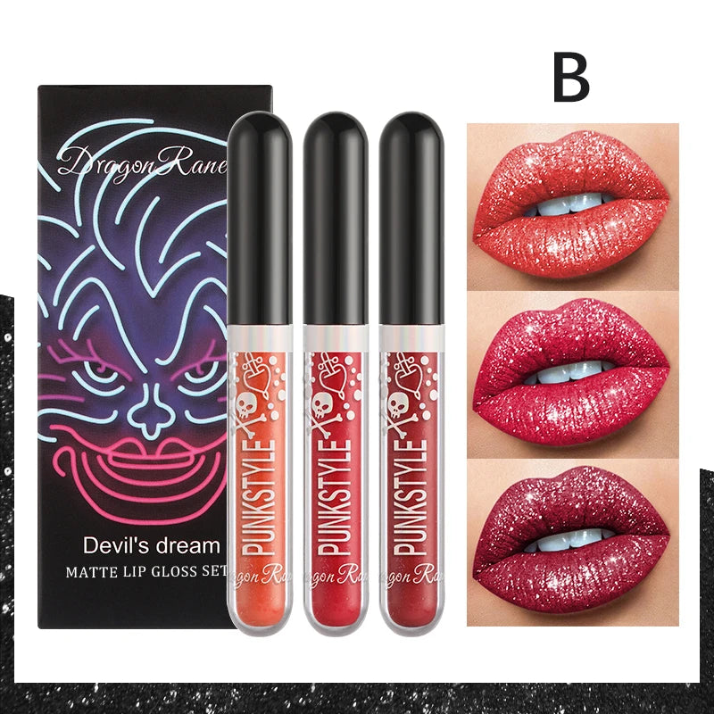 Lip Gloss in a Box of Three, Pearlescent Lipstick in a Non-Stick Cup, Shiny Purple and Black Lip Gloss Set