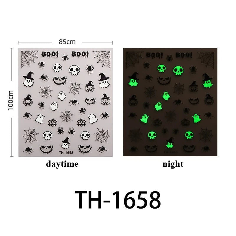 Halloween Nail Stickers - 3D Glow in Dark Cute Ghost Design Luminous Self Adhesive Nail Decals for Halloween
