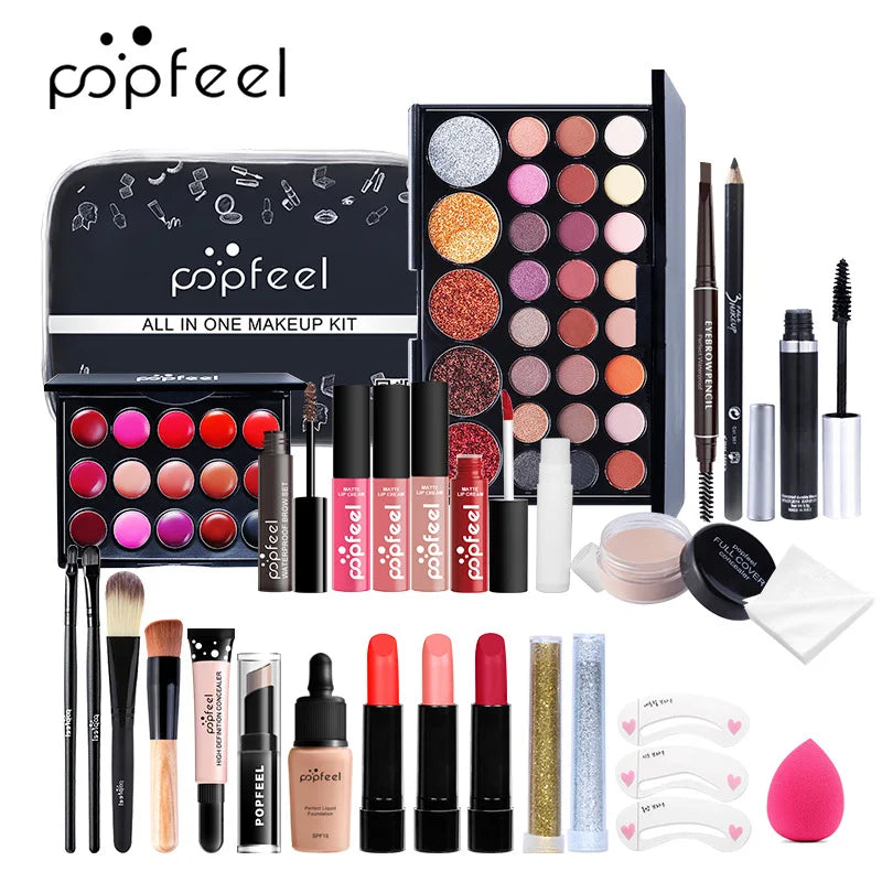POPFEEL All-in-One Makeup Kit Gift Set with Eyeshadow Palette Foundation Lip Gloss Blush Brushes Eyeliner and More Beauty Gifts